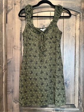 Olive Green Floral Tie-Front Mini Dress